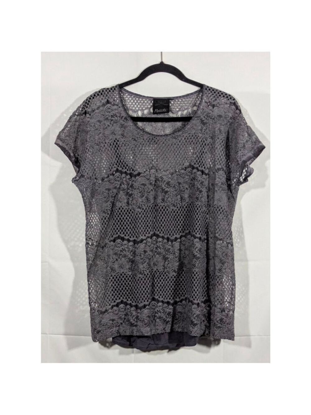 Nanette Lepore Gray Lace Short Sleeve Blouse Top